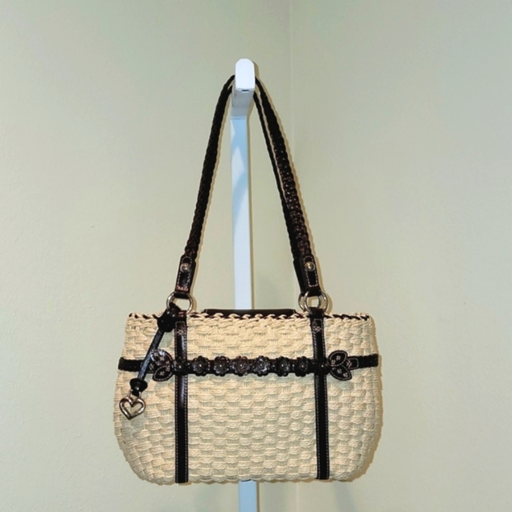BRIGHTON NATURAL JUTE & BROWN LEATHER HANDBAG